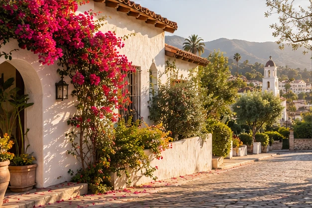Bougainvillea beside a sunlit white house