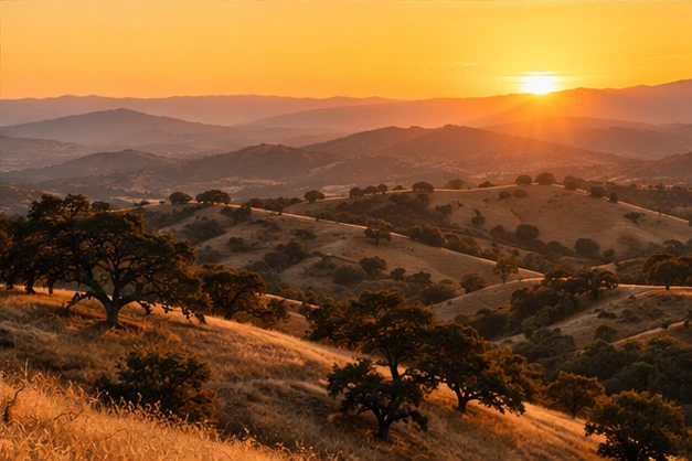 Golden California hills at sunset
