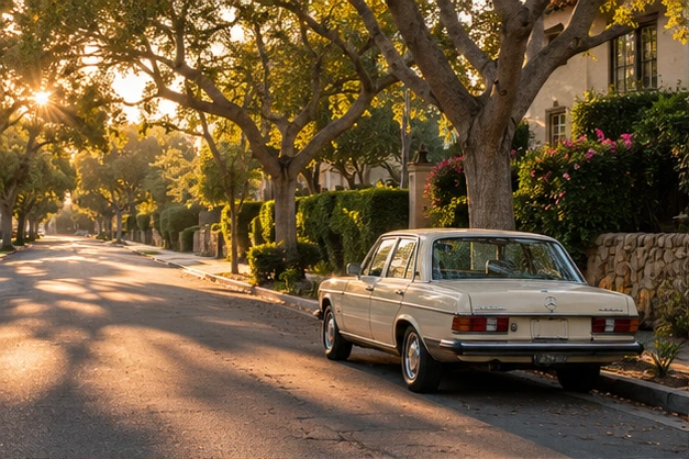 A tree-lined street in warm afternoon light