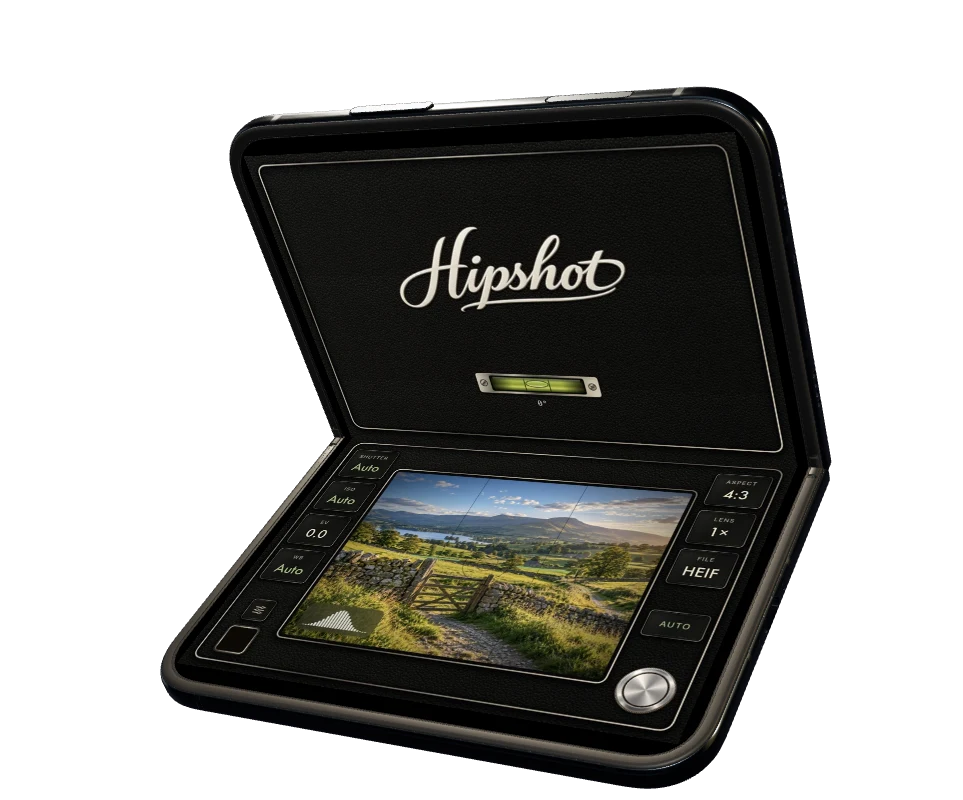 Both Hipshot screens: a signature and spirit level on the upright half, with the viewfinder and camera controls on the lower half